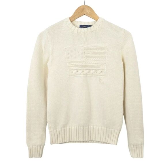 NEW Polo Ralph Lauren Iconic Embroidered American Flag Sweater in Ivory Size S - Picture 12 of 12